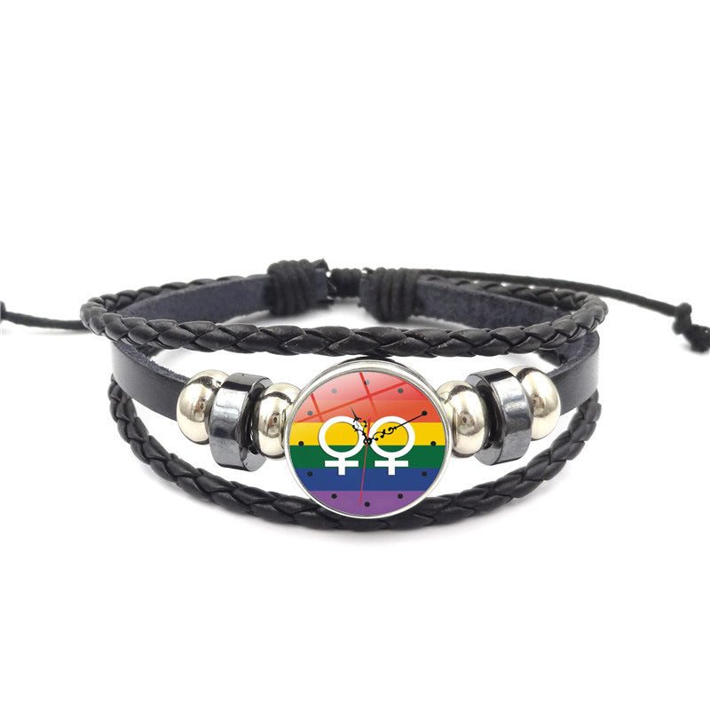 Pulsera tejida multicapa de cuero negro de cuero iridiscente al por mayor